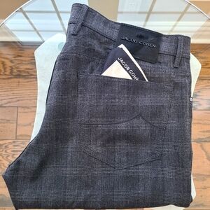 NWOT JACOB COHEN Wool Plaid Pants with Pocket Square - US 38, Grey